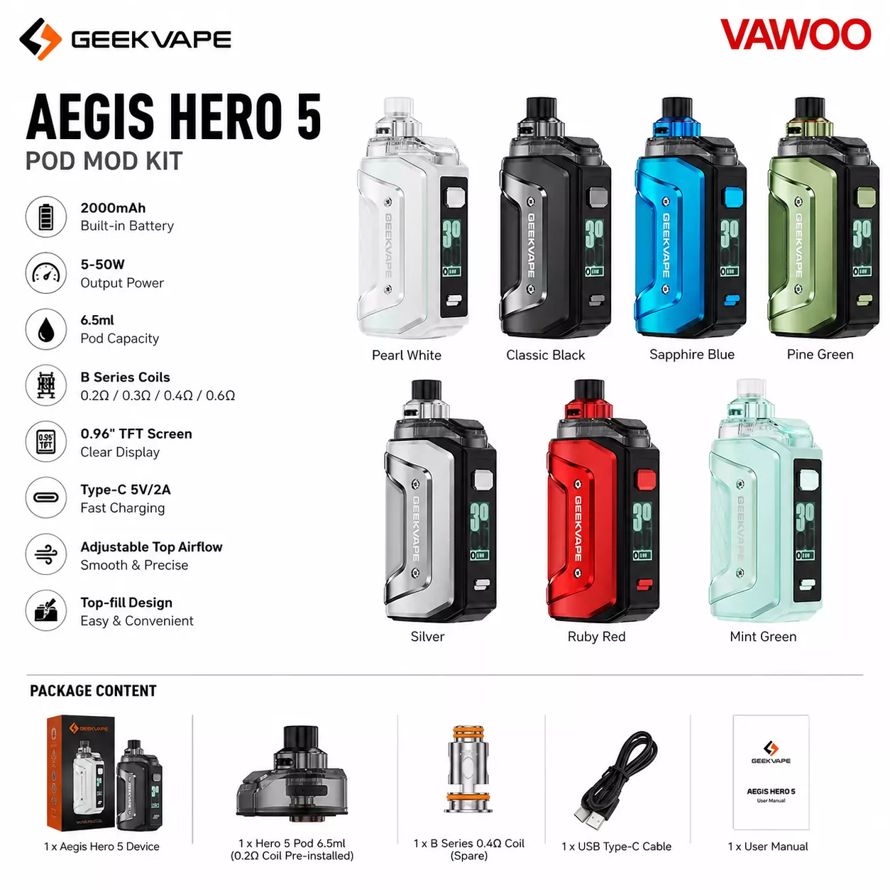 Geekvape Aegis Hero 5 Pod Mod Kit 2000mAh (Max 50W) 6.5ml vape mod for pod systems - main product image