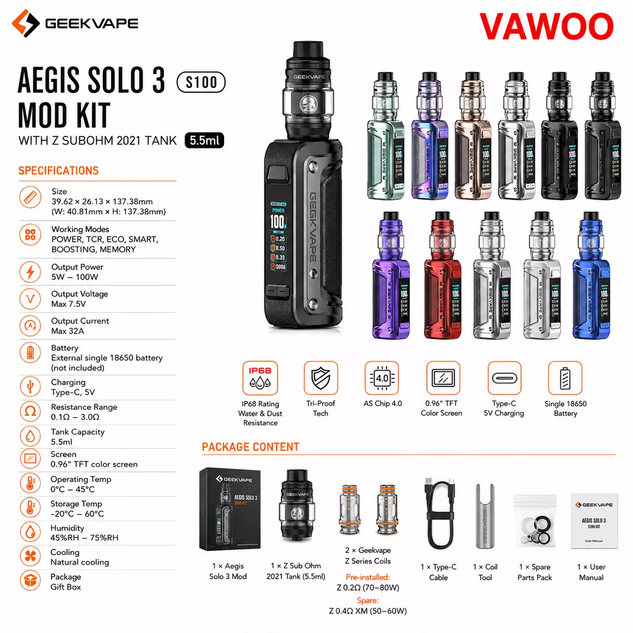 Geekvape Aegis Solo 3 (S100) Mod Kit with Z Subohm 2021 Tank 5.5ml atomizer tank for coils & atomizers - main product image