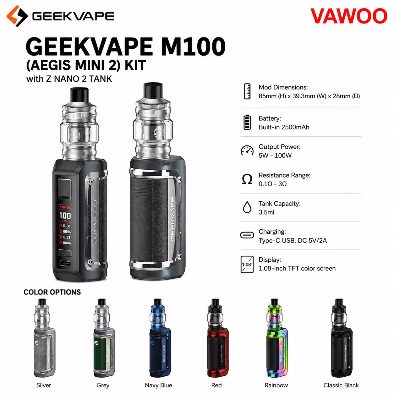Geekvape M100 (Aegis Mini 2) Box Mod Kit with Z Nano 2 Tank Atomizer 2500mAh 3.5ml atomizer tank - related product image