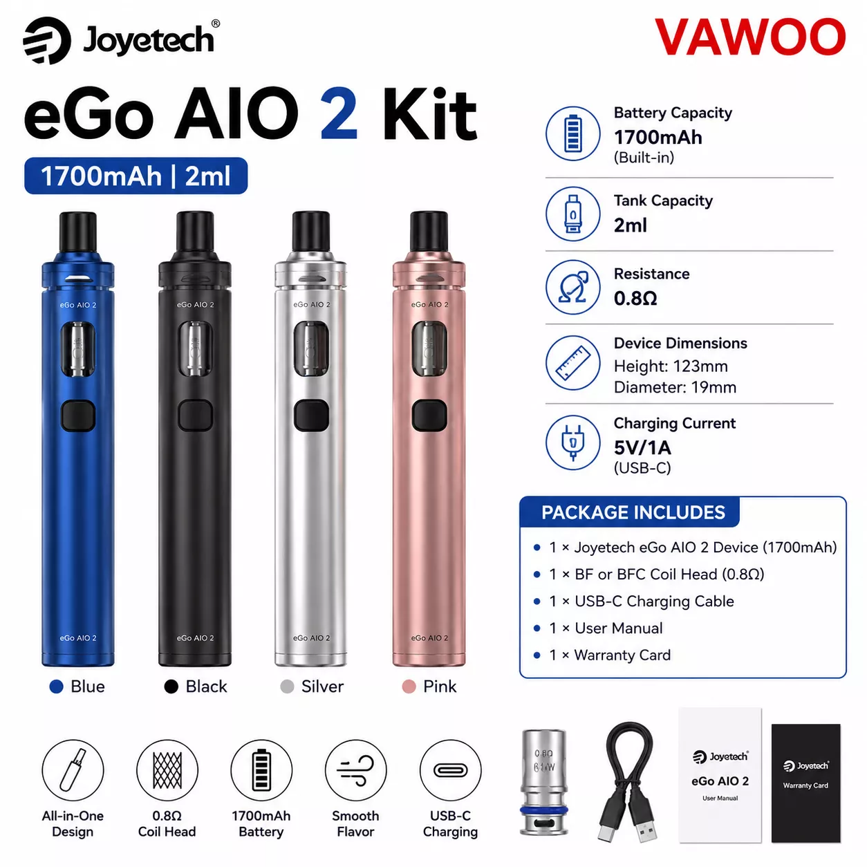 Joyetech eGo AIO 2 Kit 1700mAh 2ml pod system for coils & atomizers - related product image