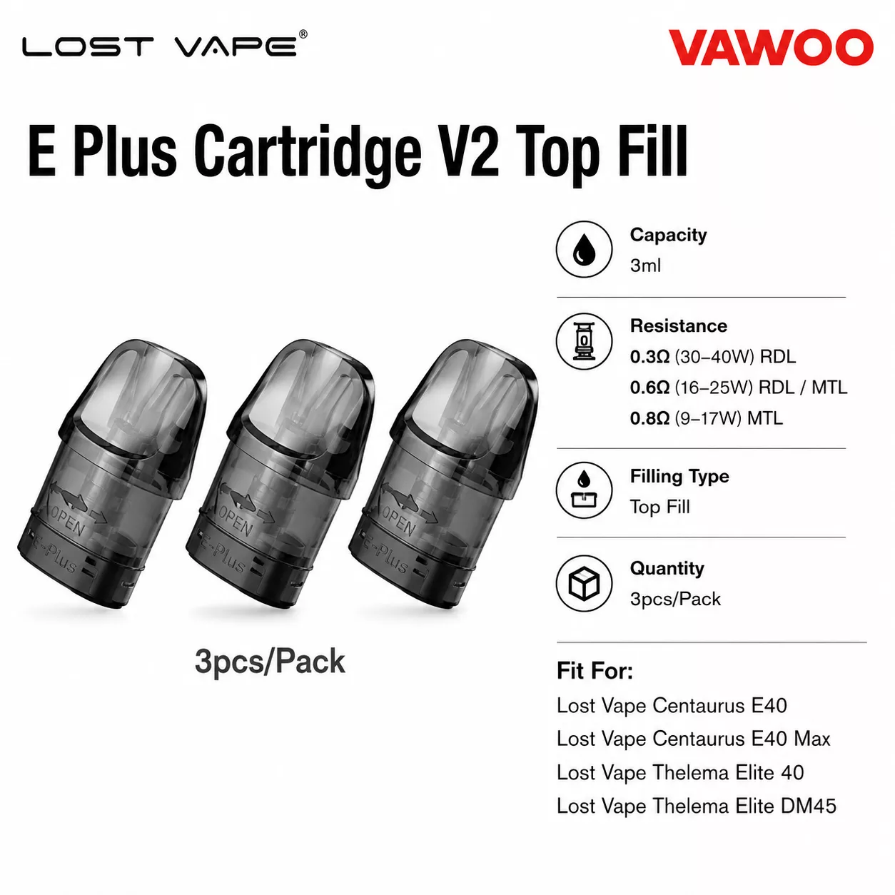 Lost Vape E Plus Cartridge V2 Top Fill vape accessory for pod systems - main product image