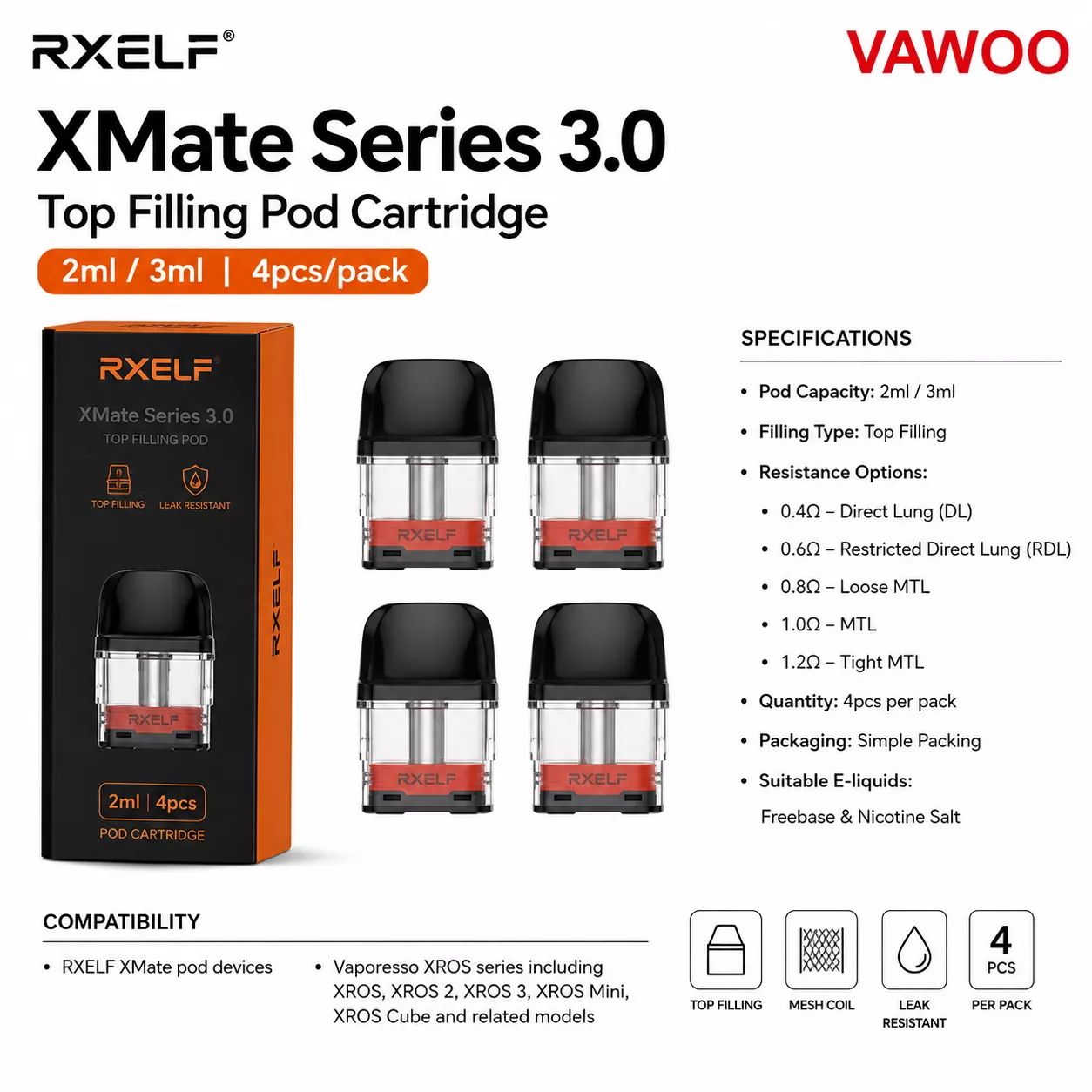 RXELF XMate Series 3.0 Top Filling Pod Cartridge for RXELF XMate C Kit / XROS Series Kits 2ml / 3ml (4pcs/pack) pod system