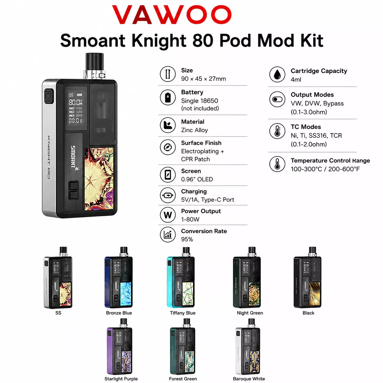 Smoant Knight 80 Pod Mod Kit vape mod for coils & atomizers - main product image