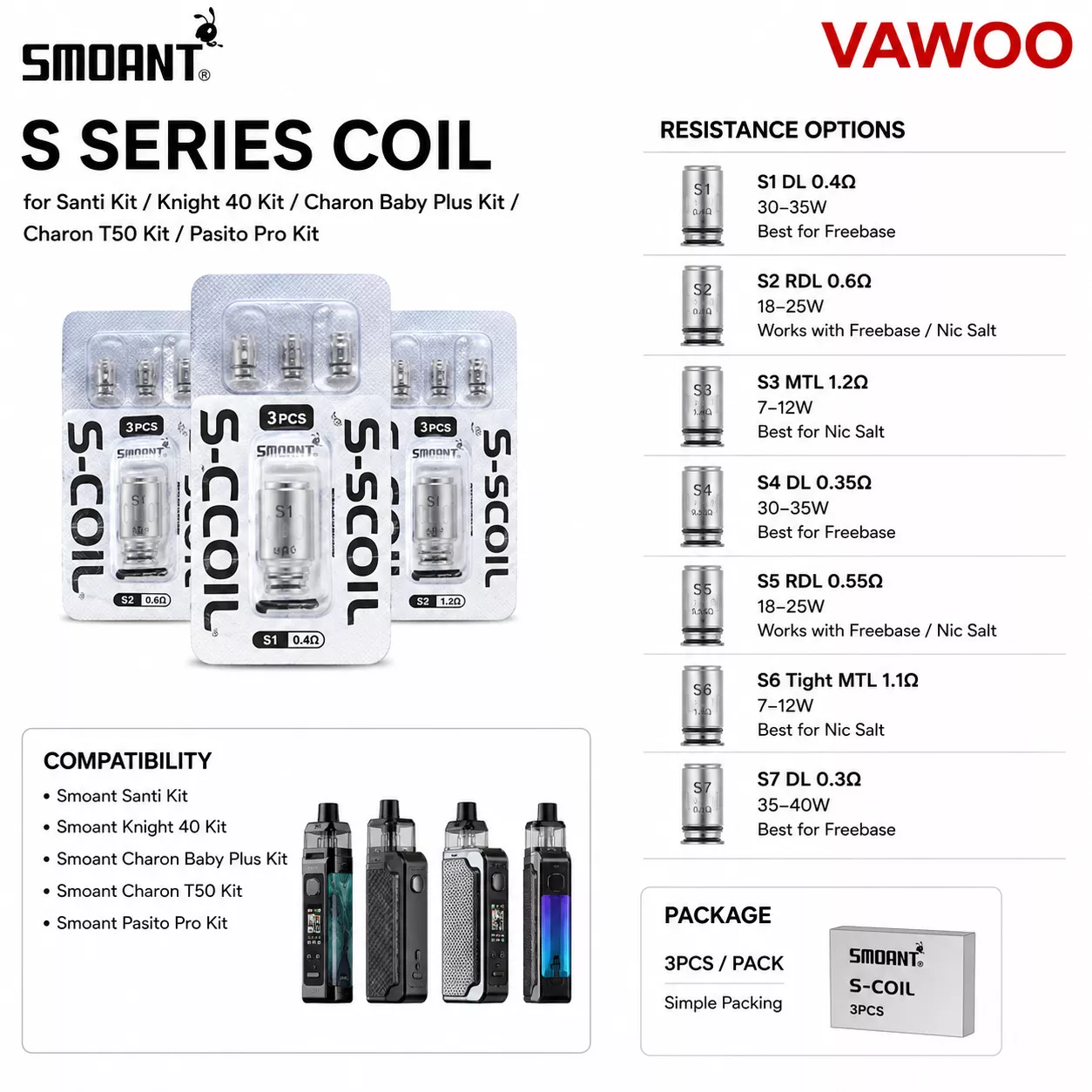 Smoant S Series Coil for Santi Kit / Knight 40 Kit / Charon Baby Plus Kit / Charon T50 Kit / Pasito Pro Kit (3pcs/Pack) replacement coil