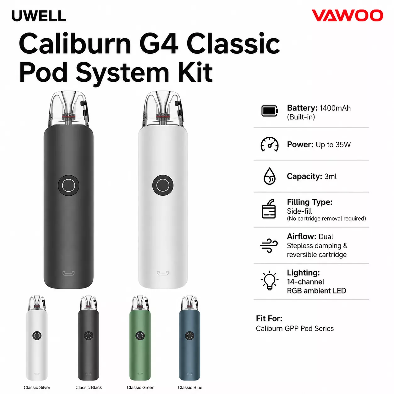 Uwell Caliburn G4 Classic Pod System Kit 1400mAh 3ml (Max 35W) pod system for pod systems - related product image