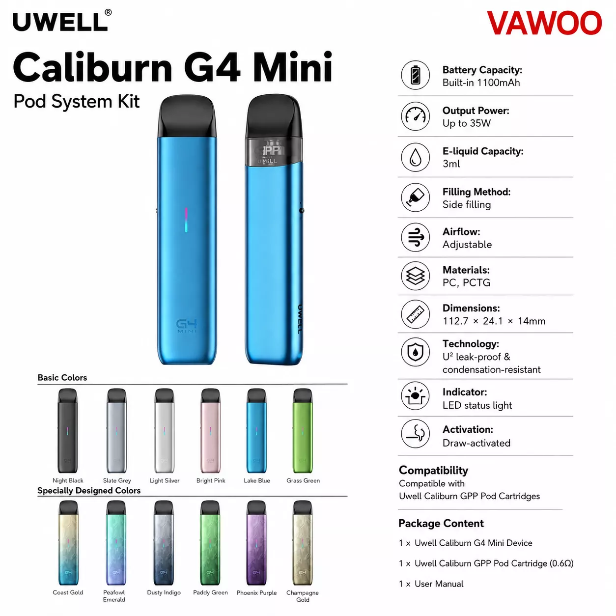 Uwell Caliburn G4 Mini Pod System Kit 1100mAh 3ml (Max 35W) by SMOK pod system for pod systems - main product image
