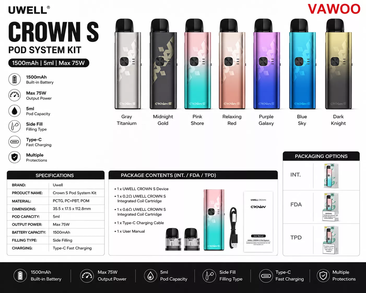 Uwell Crown S Pod System Kit 1500mAh 5ml pod system for coils & atomizers - main product image