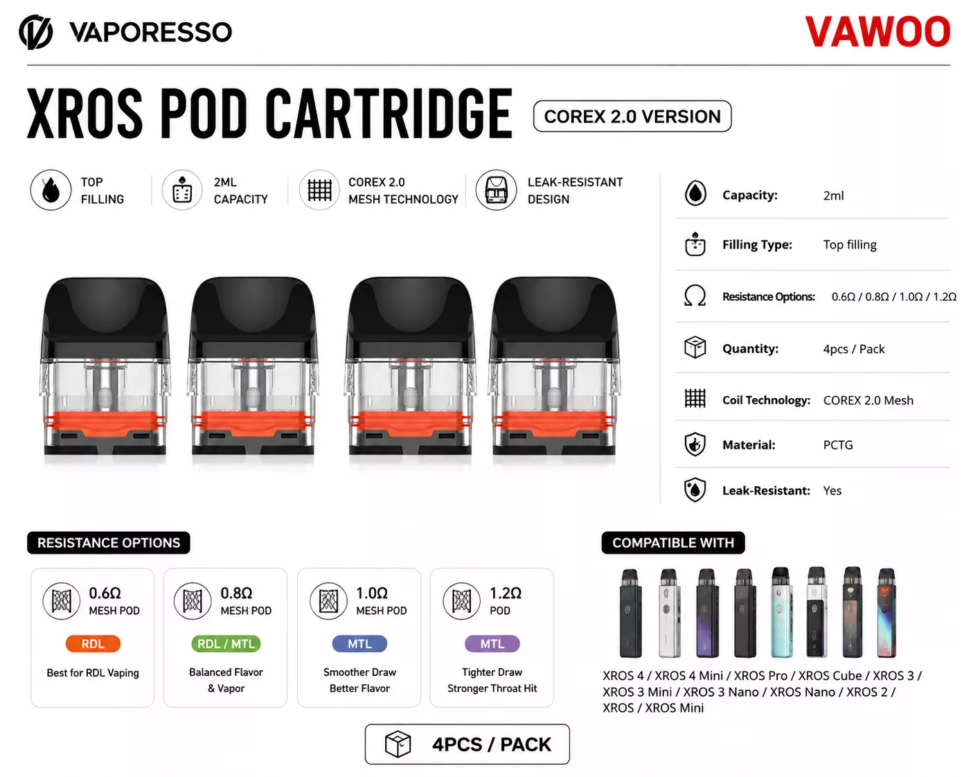 Vaporesso XROS Pod Cartridge Corex 2.0 Version 2ml 4pcs replacement coil for pod systems - main product image