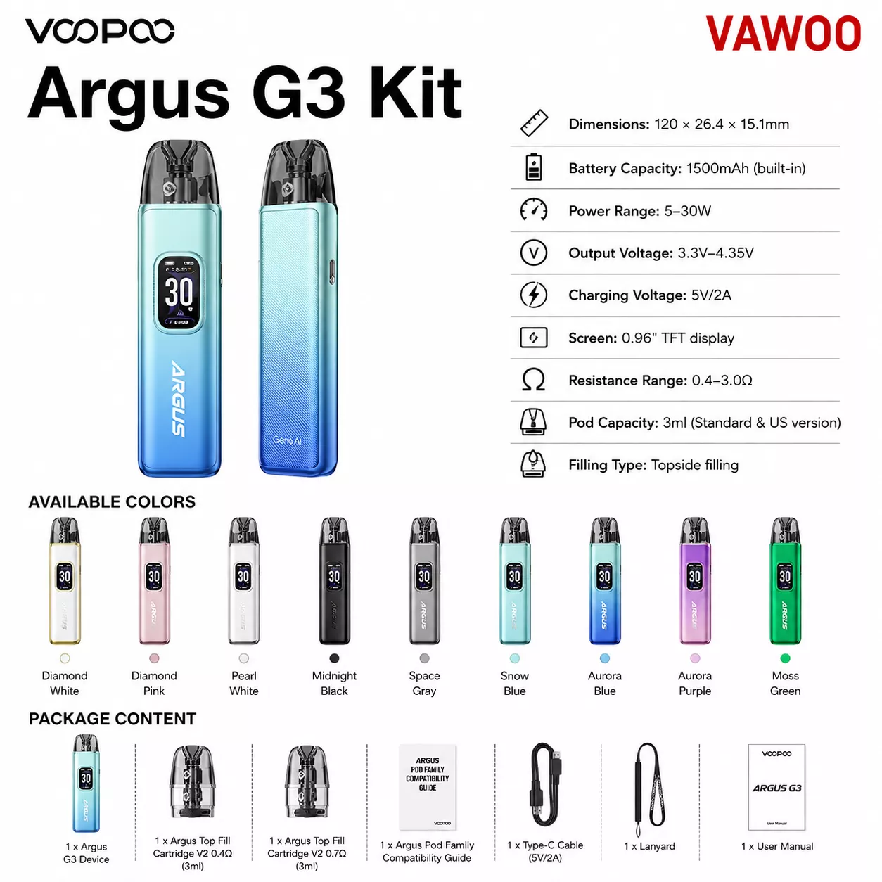 VOOPOO Argus G3 Kit vape kit for coils & atomizers - main product image