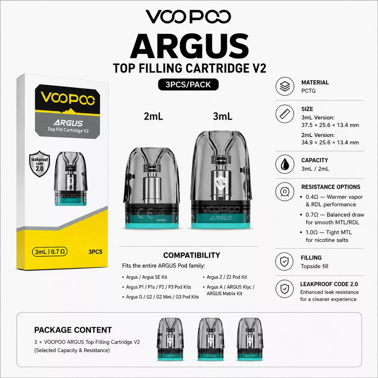 VOOPOO ARGUS Top Filling Cartridge V2 for Argus/Argus Se Kit, Argus P1/P1s/P2/P3 Kit, Argus G / G2/ G2 Mini / G3 Pod Kit,Argus Z/Z2,Argus
